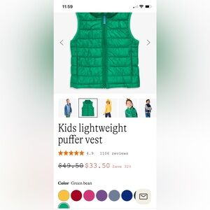 Primary Kids lightweight puffer vest green bean